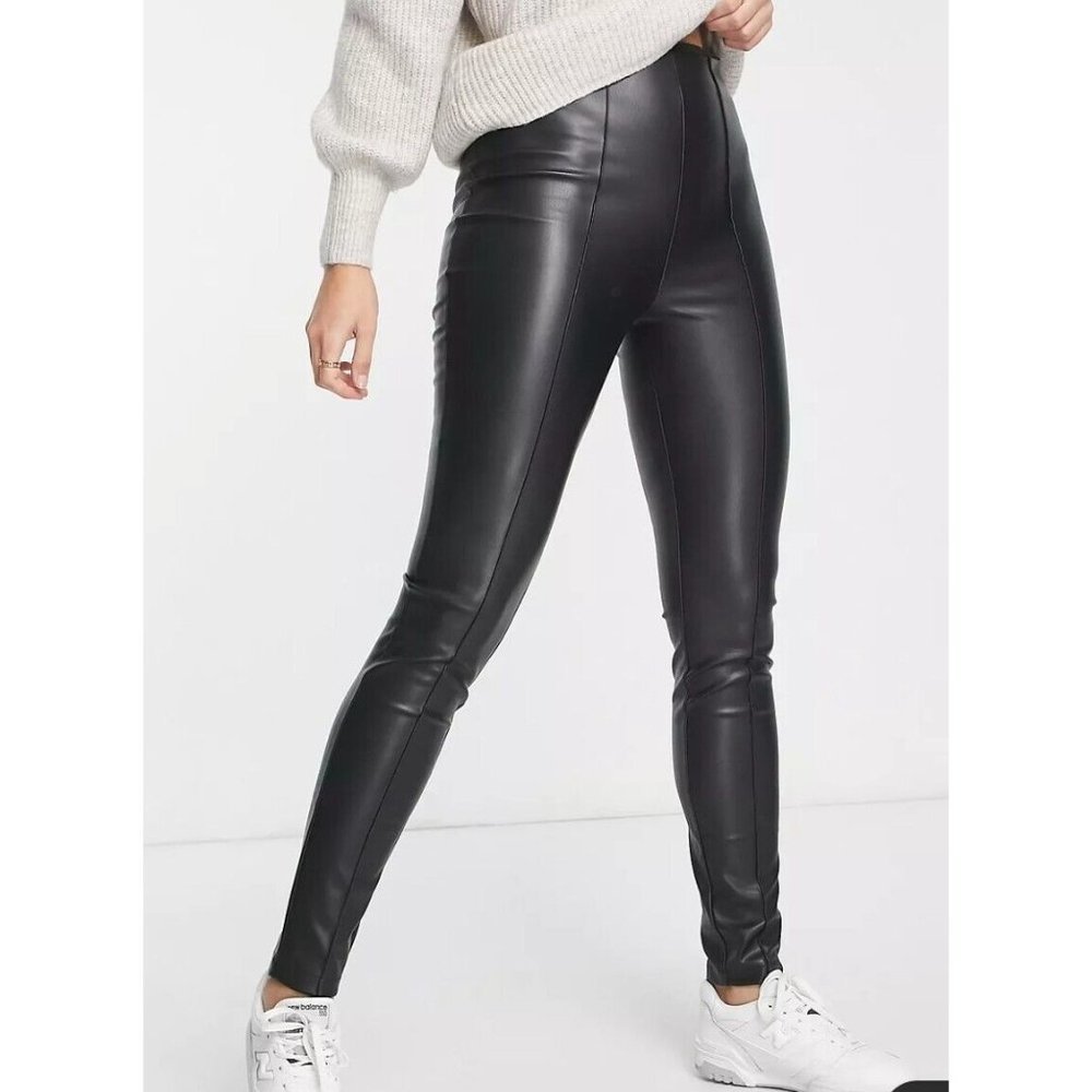 Asos 4 Petite Black Vegan Leather Pleather Ankle Leggings Pants Skinny